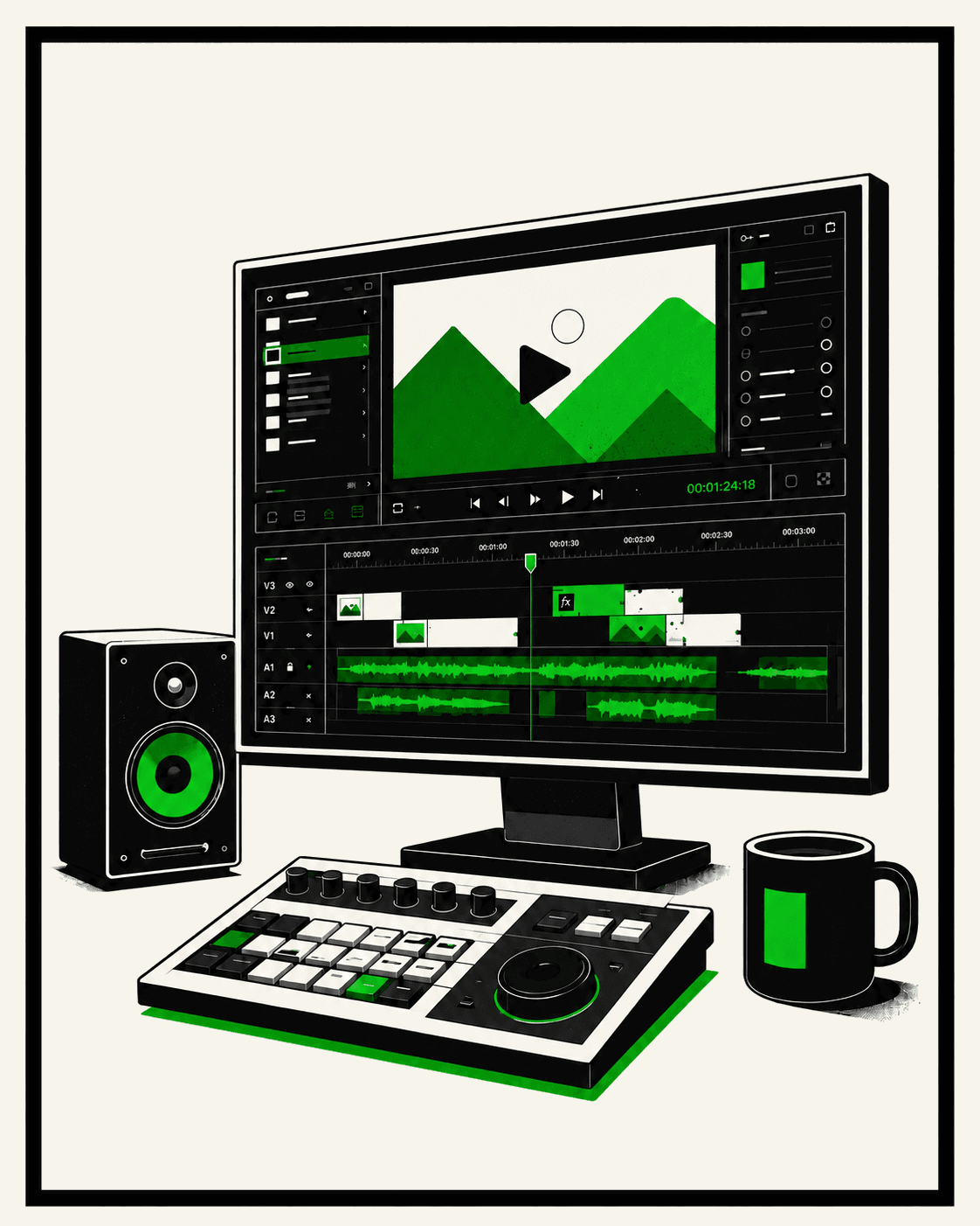 Professional video editing workstation with monitor, editing console, speaker and coffee mug